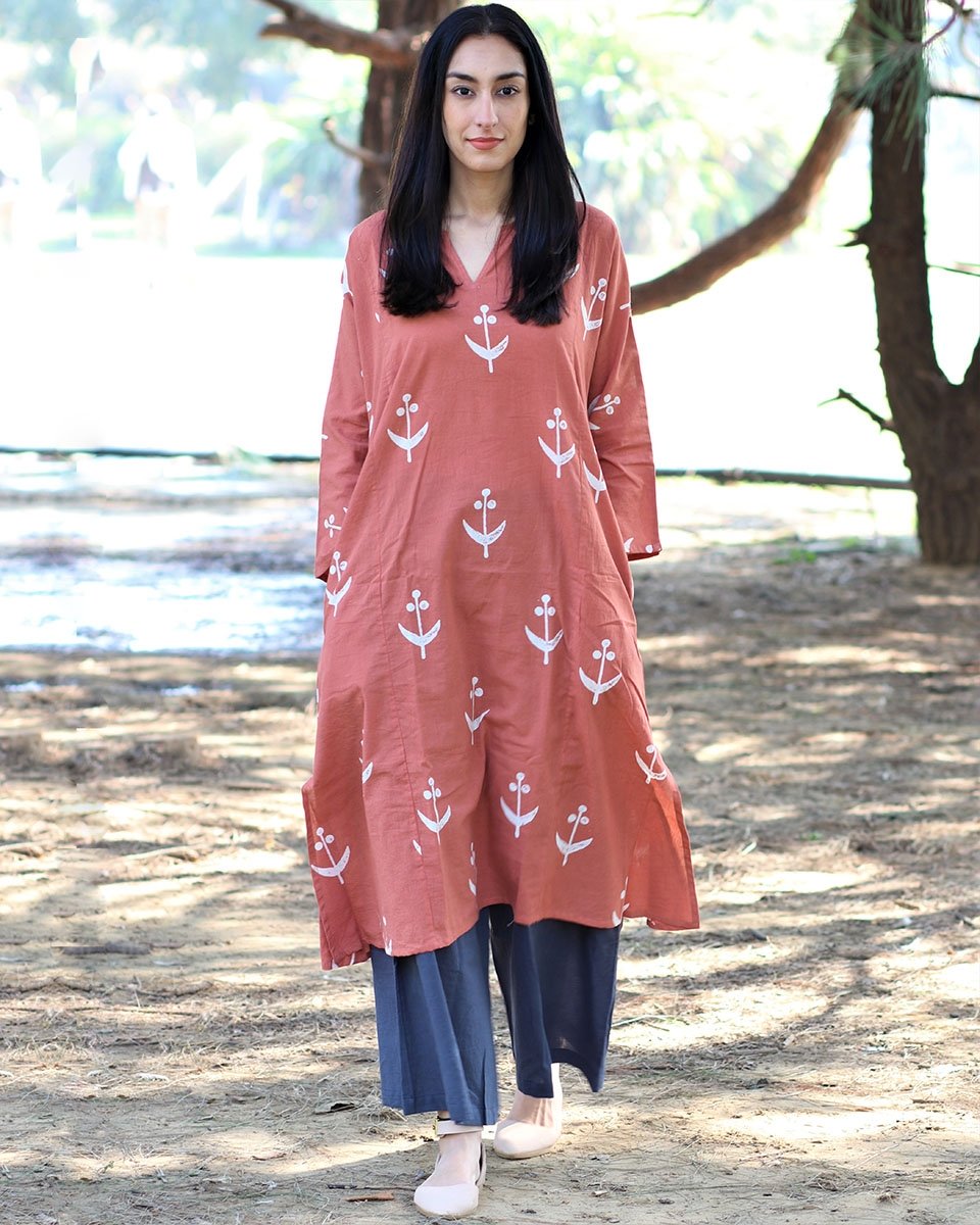 PEACH BLOCKPRINTED KURTI WITH PALAZZO (SET OF 2)