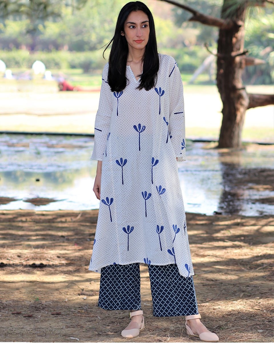 Chidiyaa Blue Cotton Kurti, Palazzo (Set of 2)