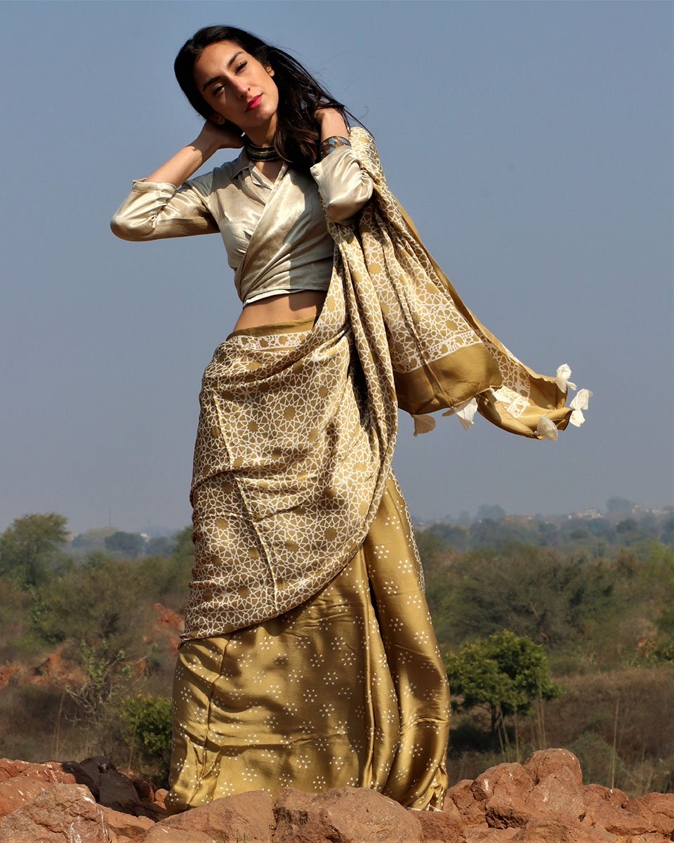 Mustard blockprinted modal silk saree