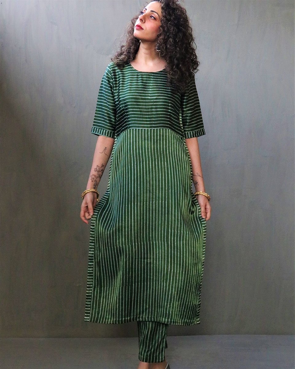 GREEN STRIPE HANDPRINTED MASHRU SILK KURTI
