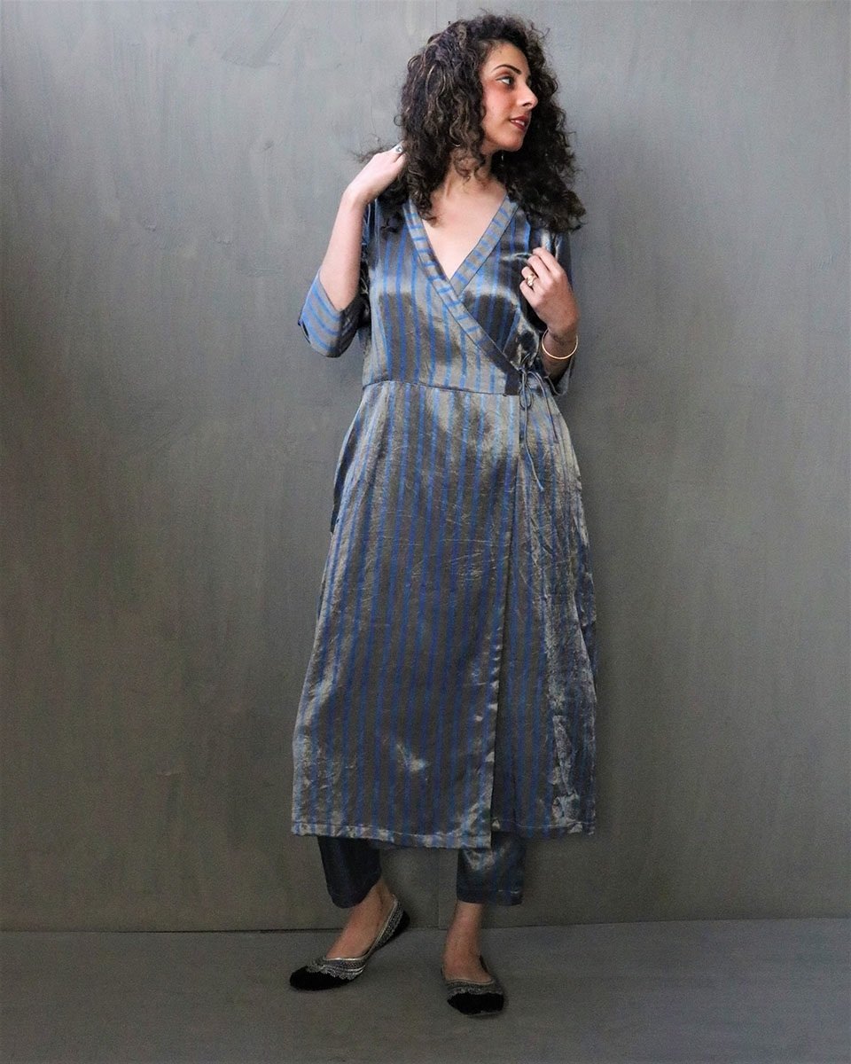 GREY STRIPE HANDPRINTED MASHRU SILK KURTI