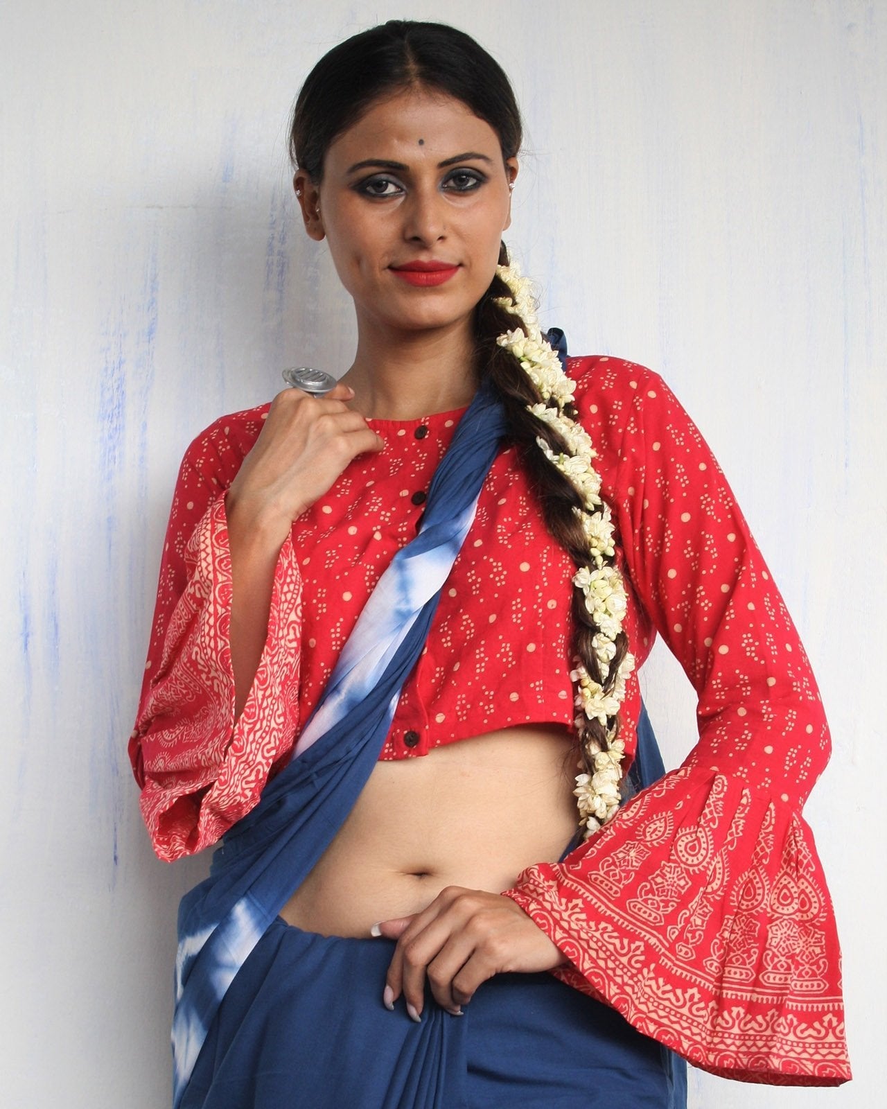 MAJENTA BLOCK PRINTED CROP TOP BLOUSE WITH BELL SLEEVES