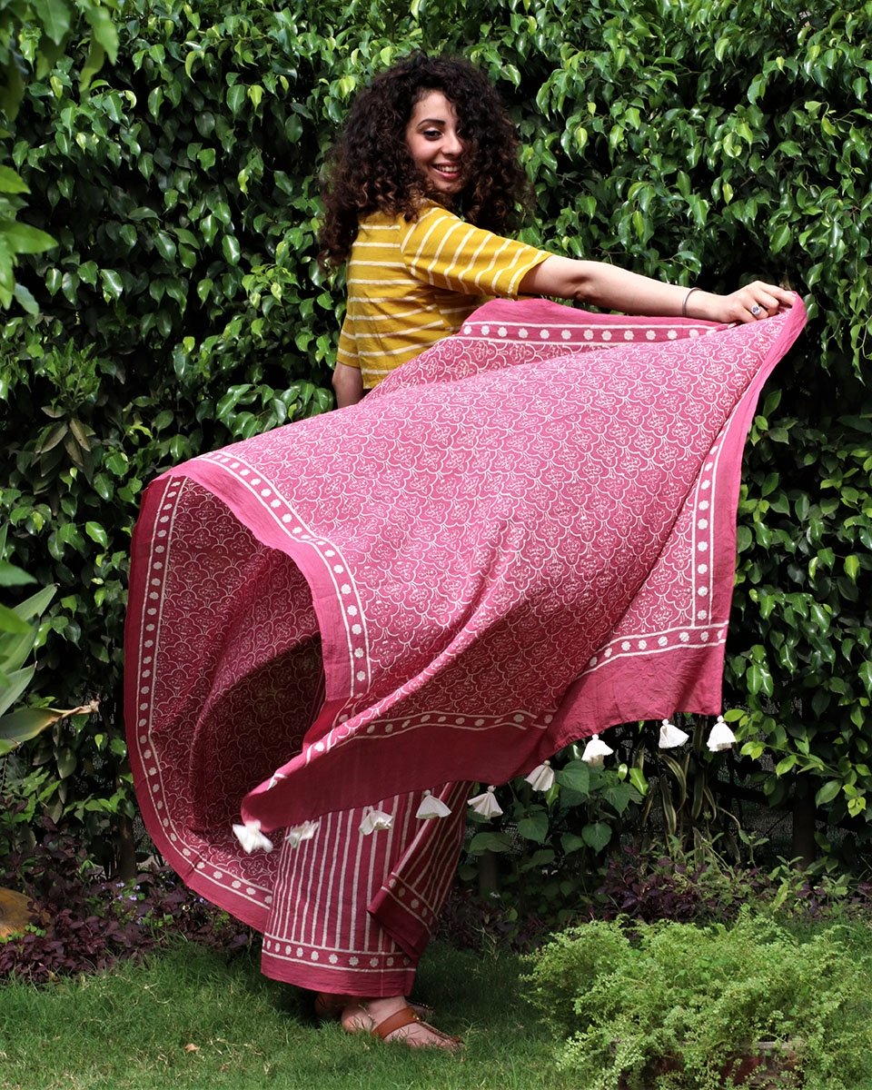 Pink blockprinted cotton mul saree Jal
