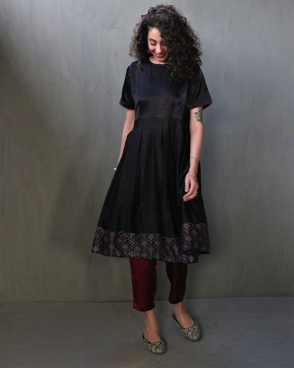 BLACK GULAB HANDPRINTED MASHRU SILK DRESS