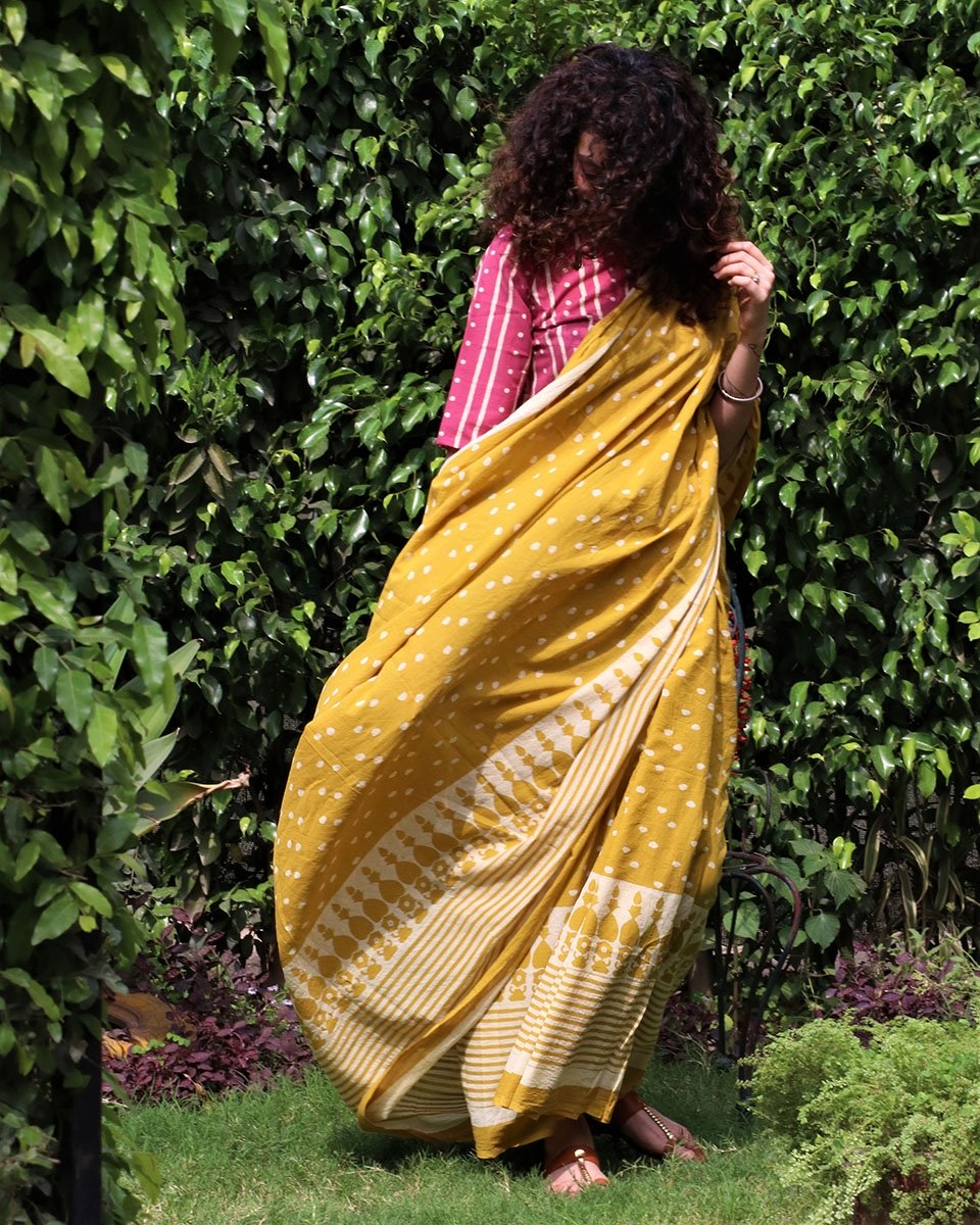 Yellow blockprinted cotton mul saree