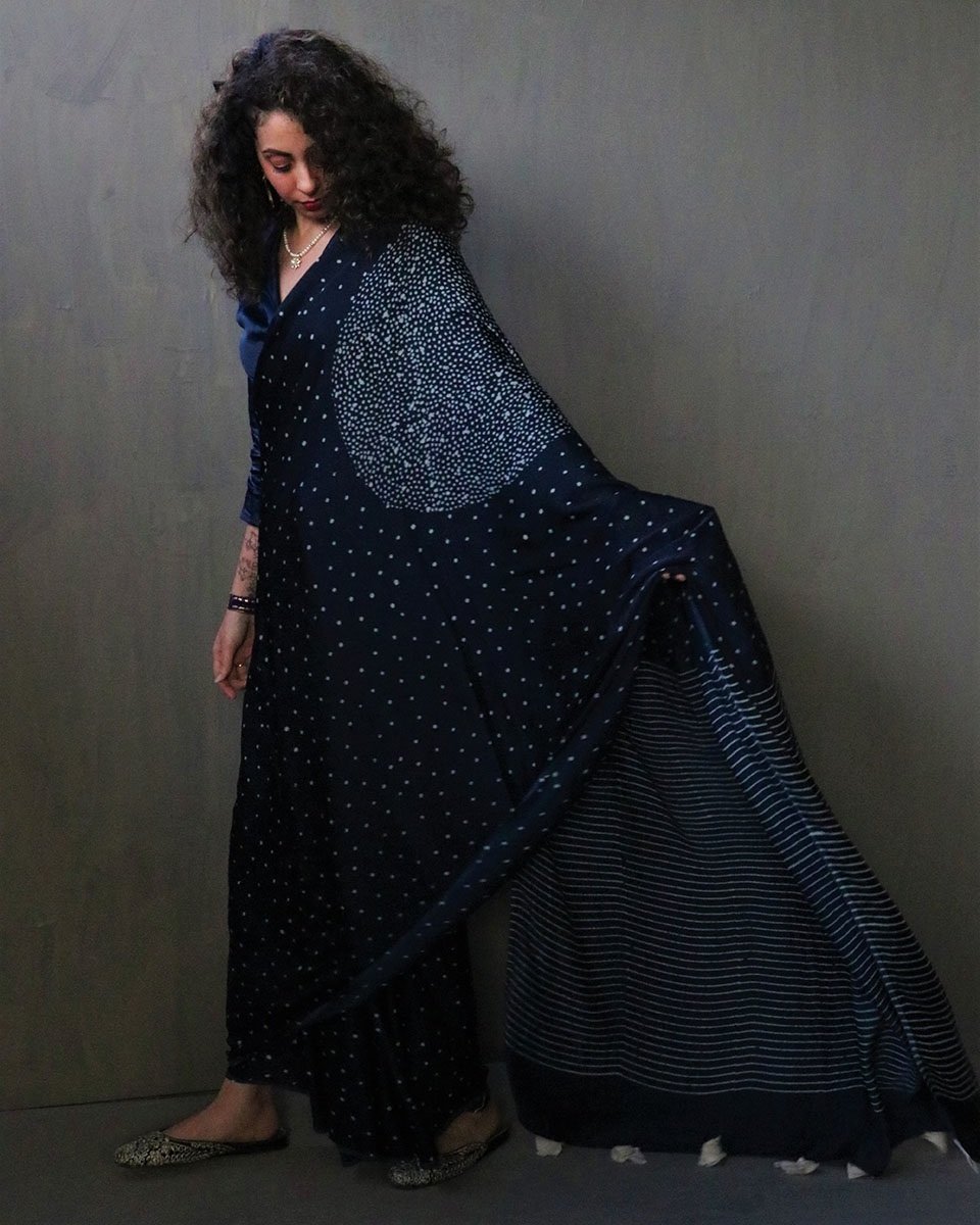 Chidiyaa Blue Modal Silk Saree with Unstitched Blouse