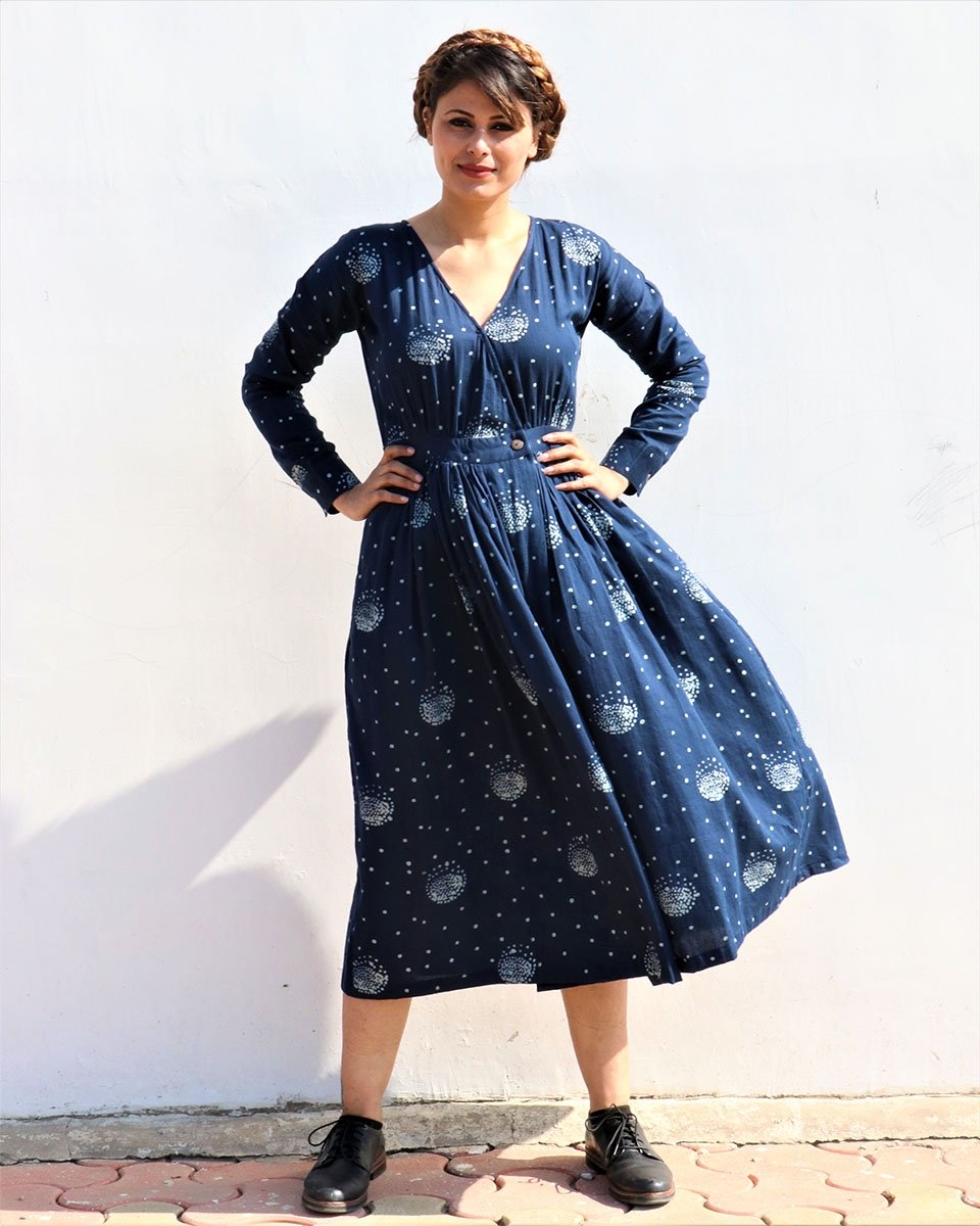 BLUE LUNA HANDPRINTED COTTON SILK WRAP DRESS