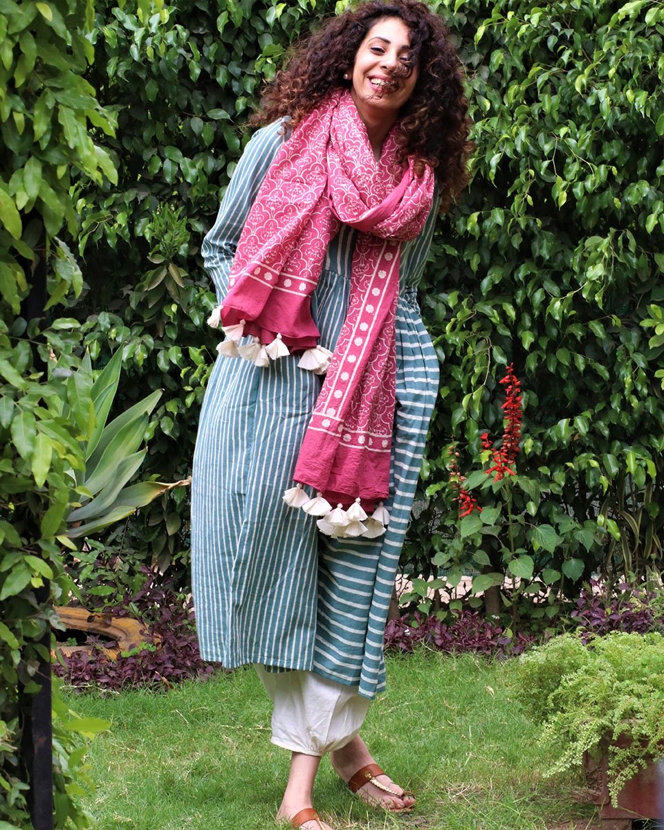 PINK BLOCKPRINTED COTTON MUL DUPATTA
