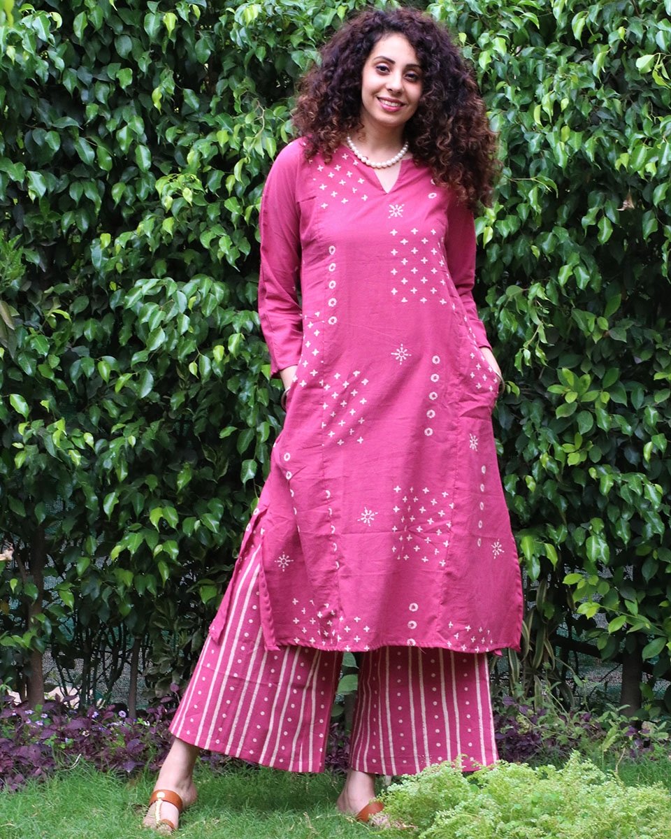 Pink blockprinted kurti & botton (set of 2)