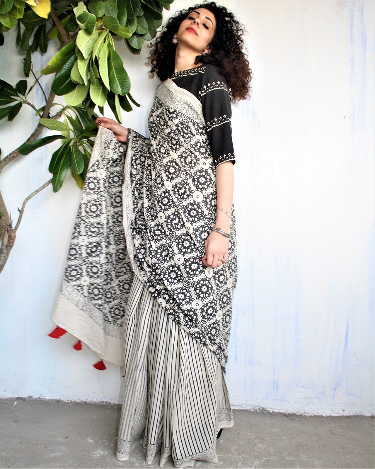 Ivory Black Block Printed Cotton Mul Saree