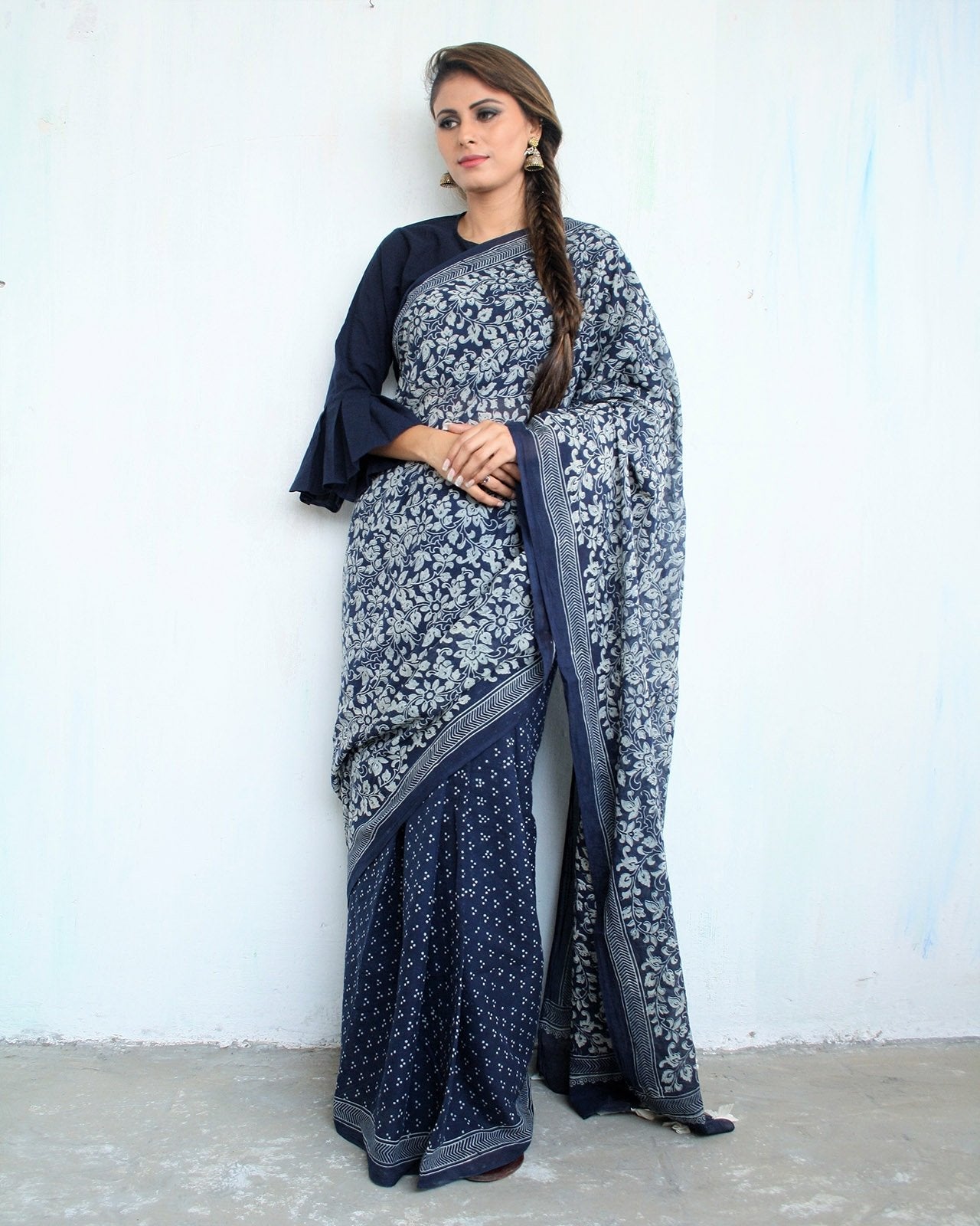 Blue Block Printed Cotton Mul Saree