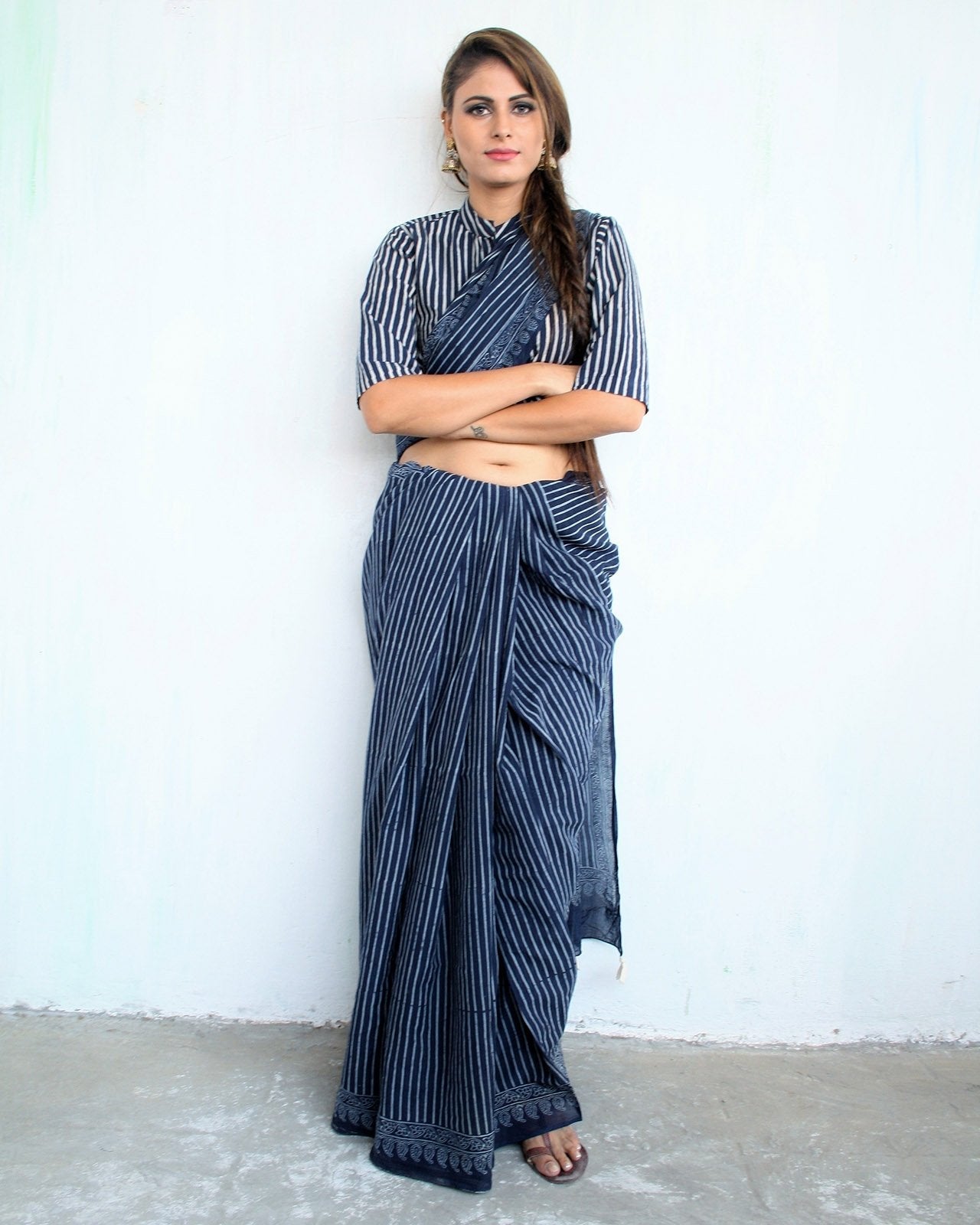Blue Block Printed Cotton Mul Saree