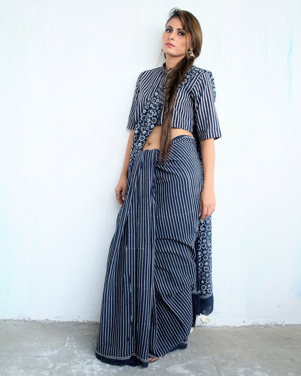 Ivory Blue Block Printed Cotton Mul Saree