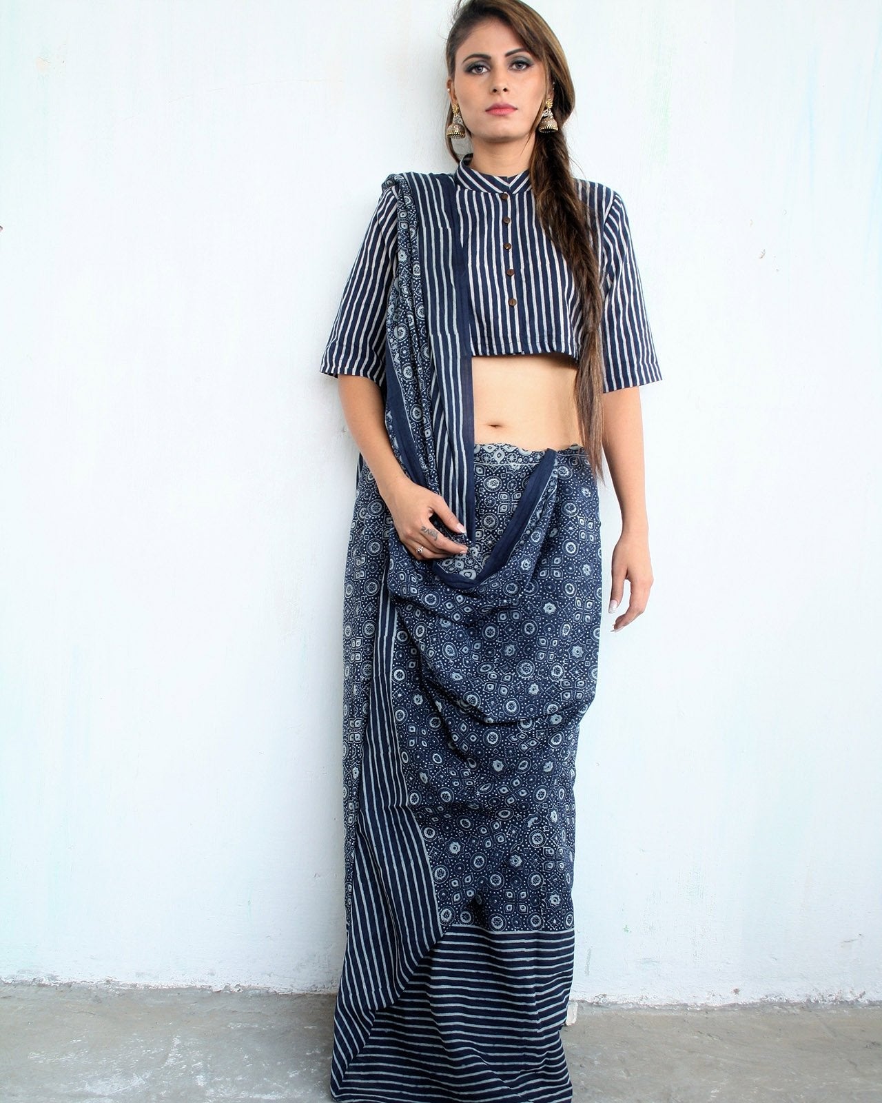 Blue Block Printed Cotton Mul Saree