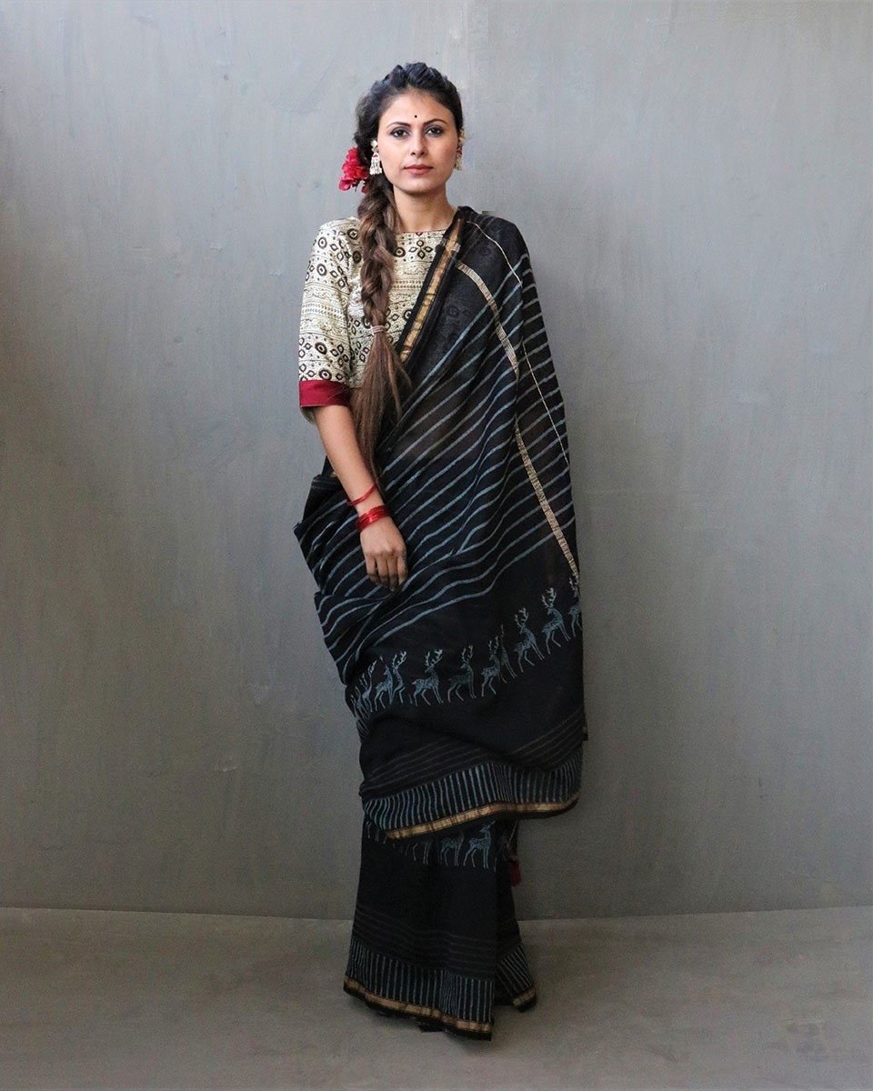 Black Block Printed Chanderi Silk Saree