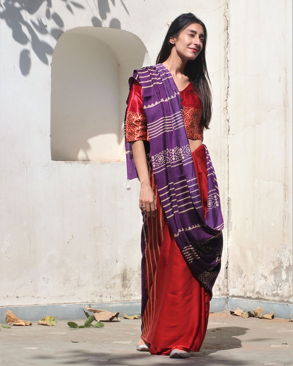 Chidiyaa Purple Modal Silk Saree with Unstitched Blouse