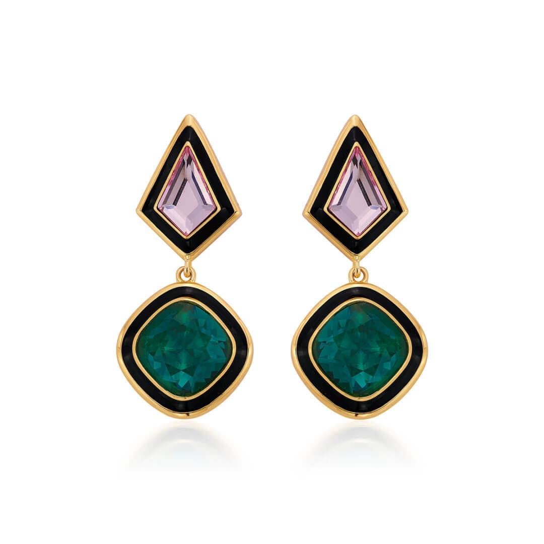 Amour Black Enamel Two Stone Earrings - Isharya | Modern Indian Jewelry