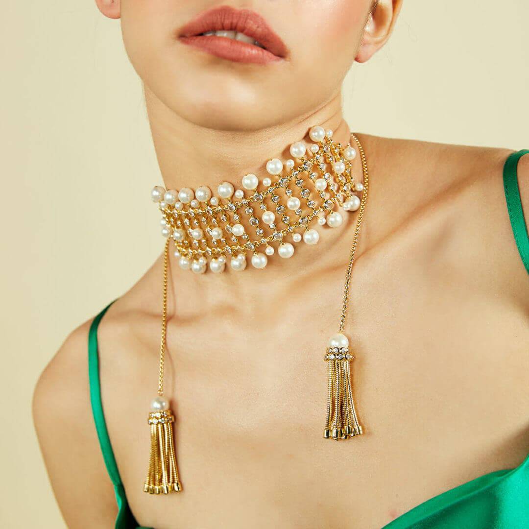 Crystal Pearl Tassel Choker - Isharya | Modern Indian Jewelry