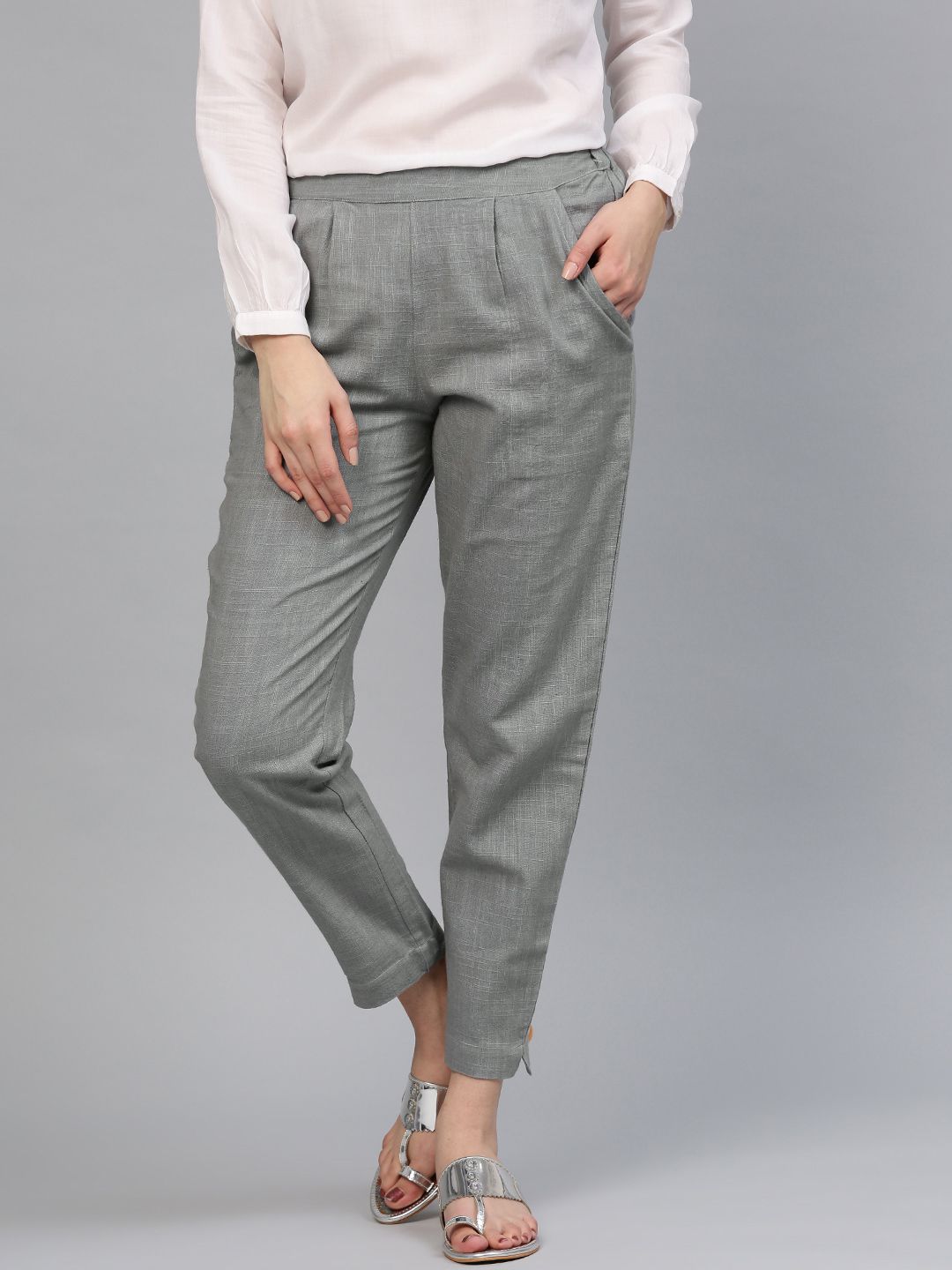 Shop Grey Cotton Slub Flared Parallel Pants