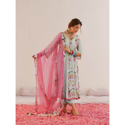 172 Threads Flower Ice Blue Blossom Anarkali Kurta Pant & Dupatta (Set of 3)