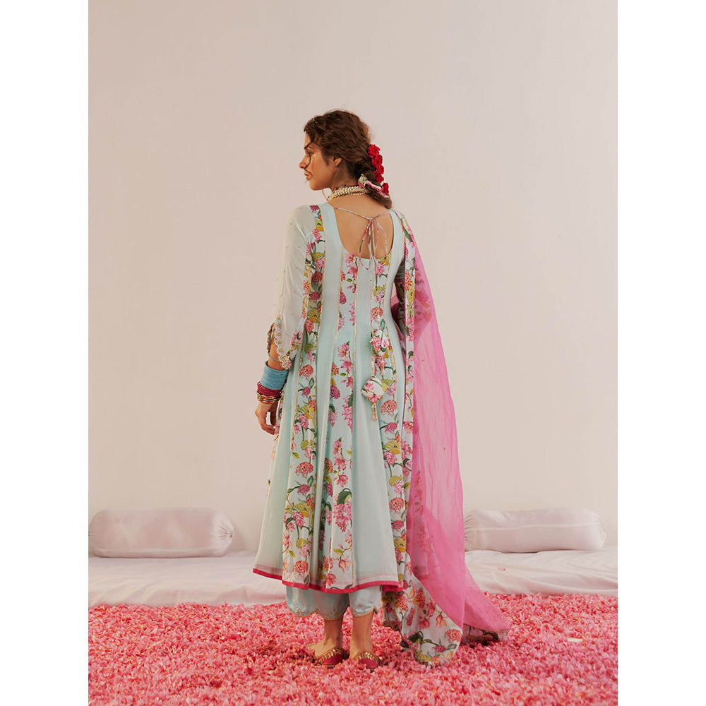 172 Threads Flower Ice Blue Blossom Anarkali Kurta Pant & Dupatta (Set of 3)
