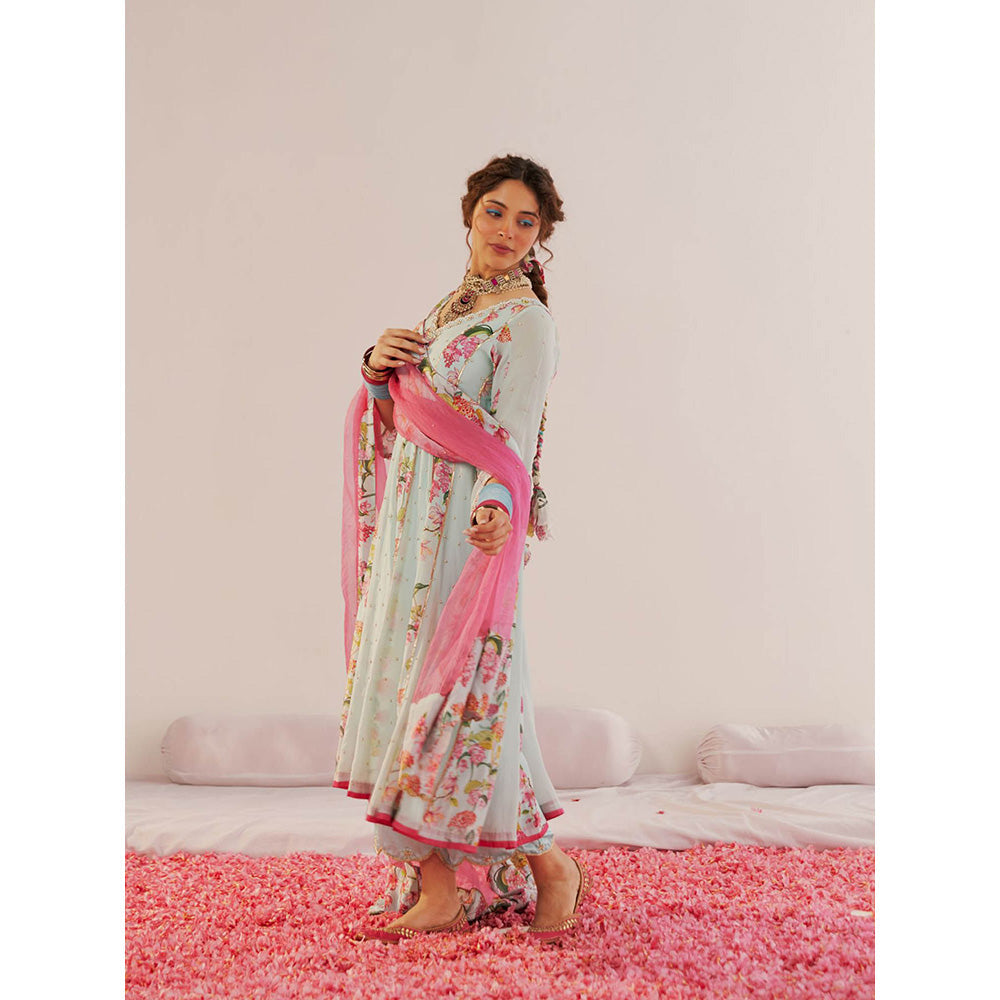 172 Threads Flower Ice Blue Blossom Anarkali Kurta Pant & Dupatta (Set of 3)