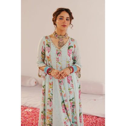 172 Threads Flower Ice Blue Blossom Anarkali Kurta Pant & Dupatta (Set of 3)
