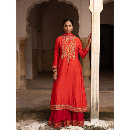 Aangan by Parul Orange Classical Luxe Bridal Sharara with Kurta and Dupatta (Set of 3)