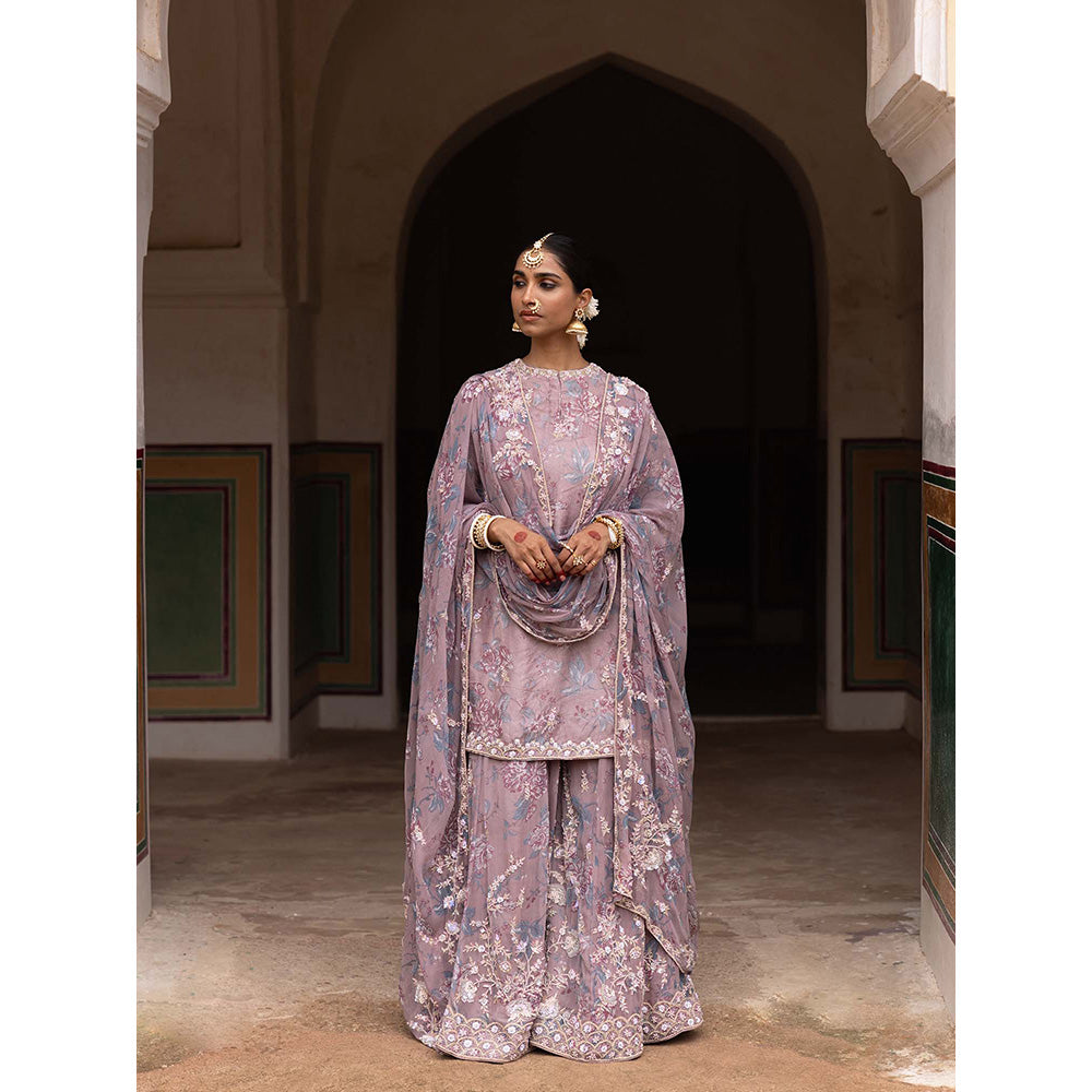 Aangan by Parul Purple Ethereal Organza Layers Sharara with Kurta and Dupatta (Set of 3)