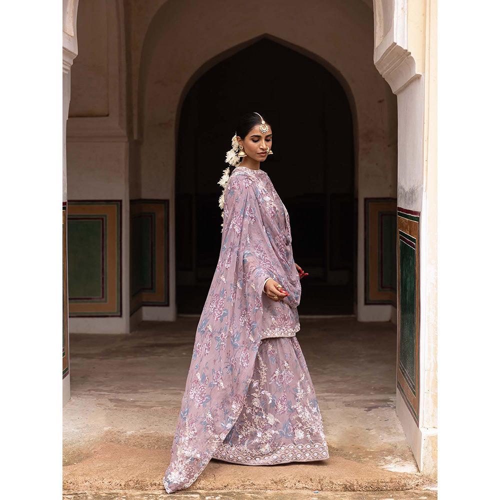 Aangan by Parul Purple Ethereal Organza Layers Sharara with Kurta and Dupatta (Set of 3)