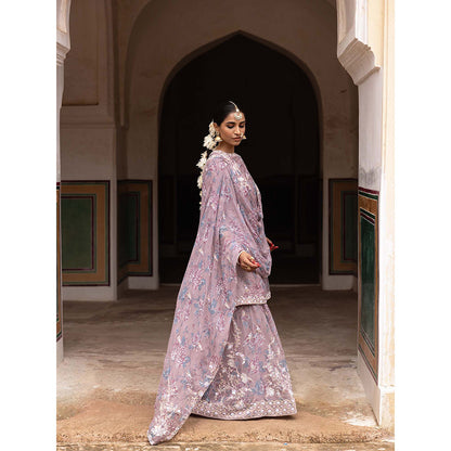 Aangan by Parul Purple Ethereal Organza Layers Sharara with Kurta and Dupatta (Set of 3)