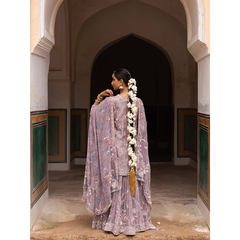 Aangan by Parul Purple Ethereal Organza Layers Sharara with Kurta and Dupatta (Set of 3)