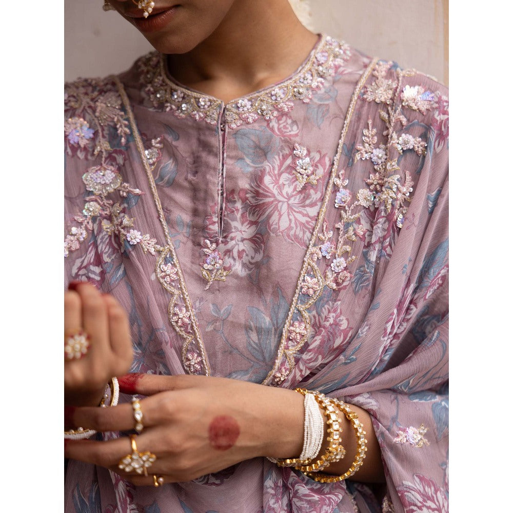 Aangan by Parul Purple Ethereal Organza Layers Sharara with Kurta and Dupatta (Set of 3)