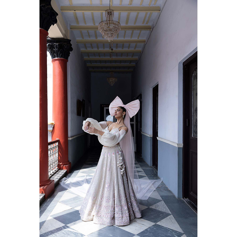 Aangan by Parul White Rose Enchantment Lehenga with Blouse and Dupatta (Set of 3)