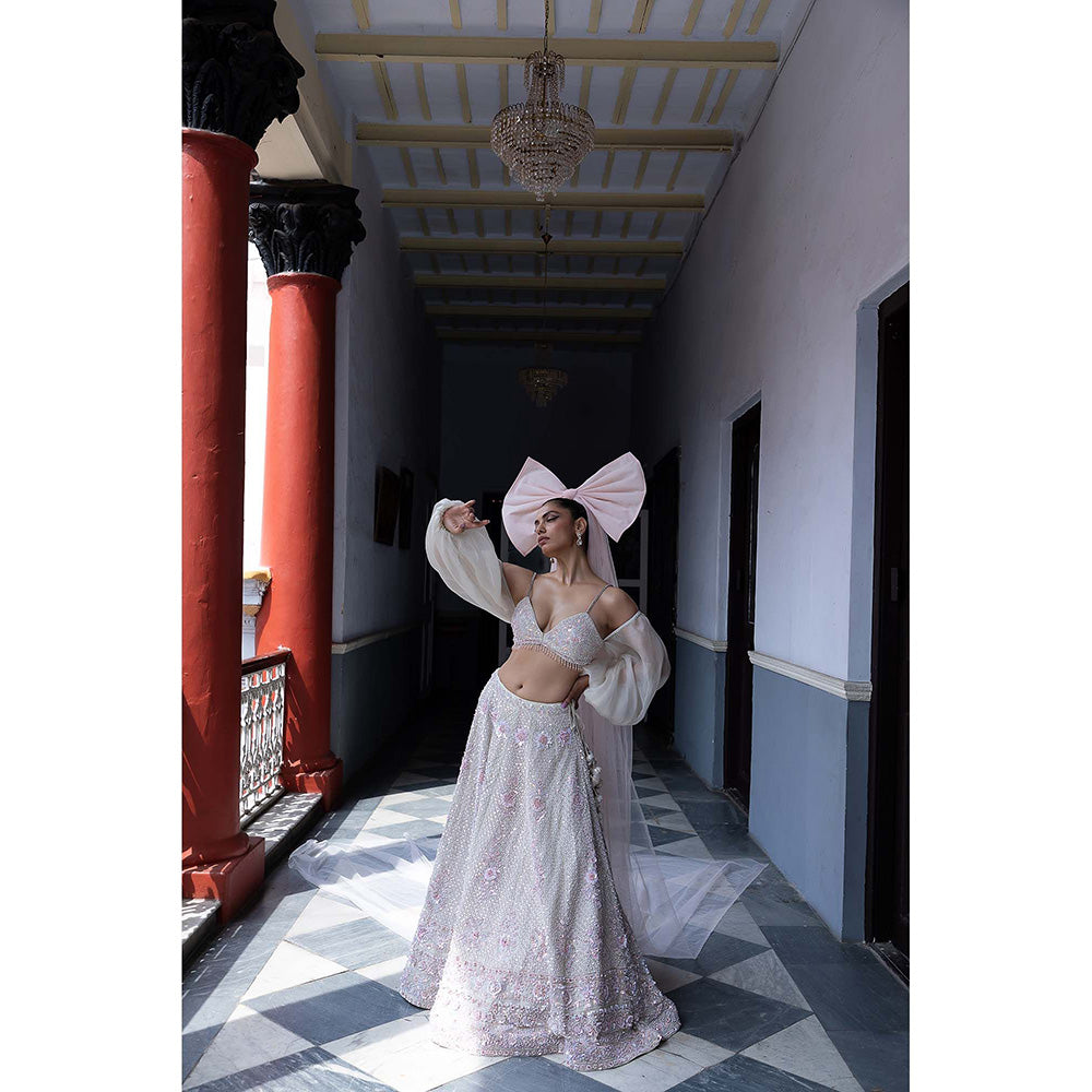 Aangan by Parul White Rose Enchantment Lehenga with Blouse and Dupatta (Set of 3)