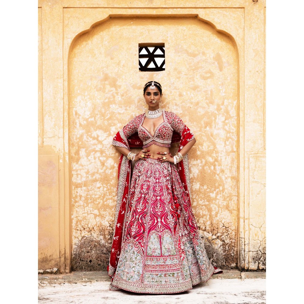 Aangan by Parul Red Scarlet Enchantment Lehenga with Blouse and Dupatta (Set of 3)
