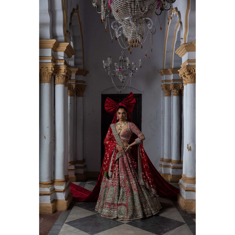 Aangan by Parul Red Scarlet Enchantment Lehenga with Blouse and Dupatta (Set of 3)