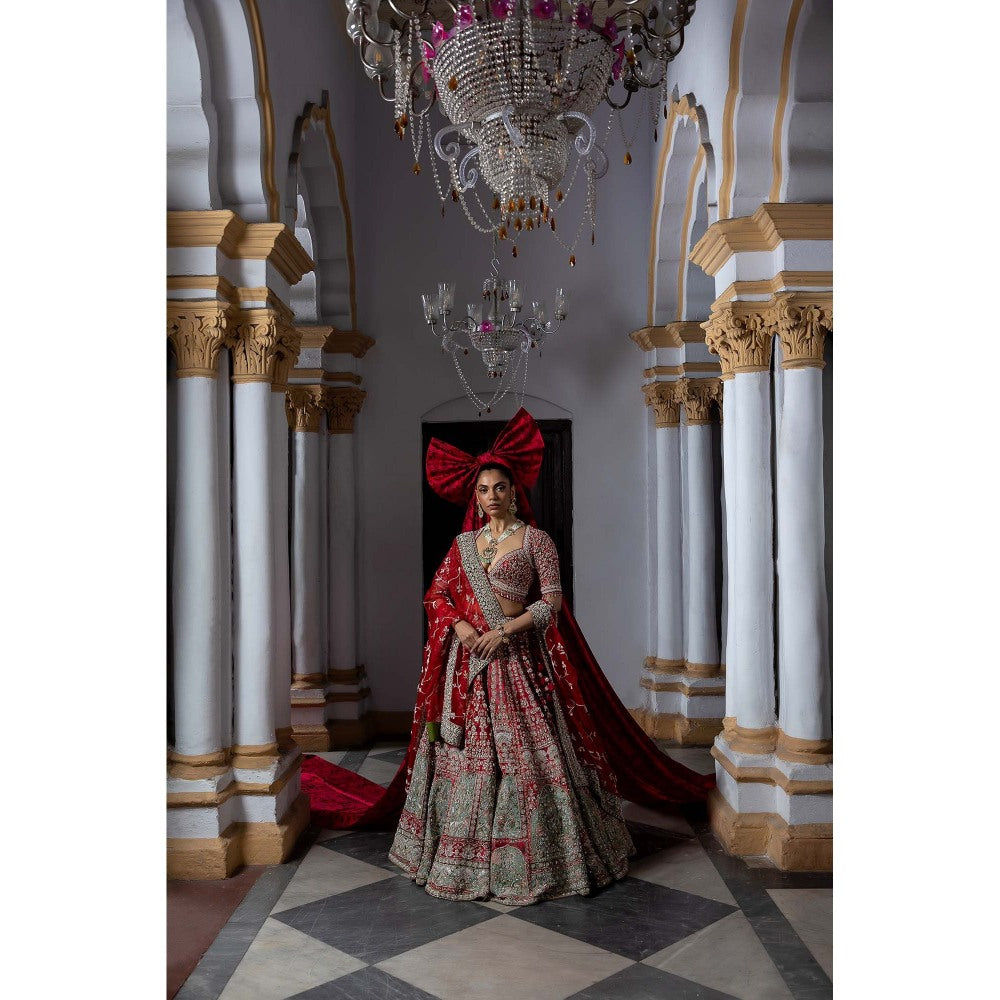 Aangan by Parul Red Scarlet Enchantment Lehenga with Blouse and Dupatta (Set of 3)
