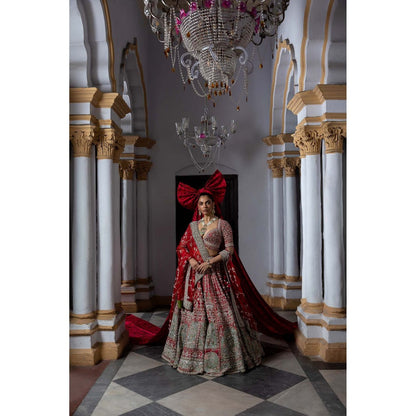 Aangan by Parul Red Scarlet Enchantment Lehenga with Blouse and Dupatta (Set of 3)