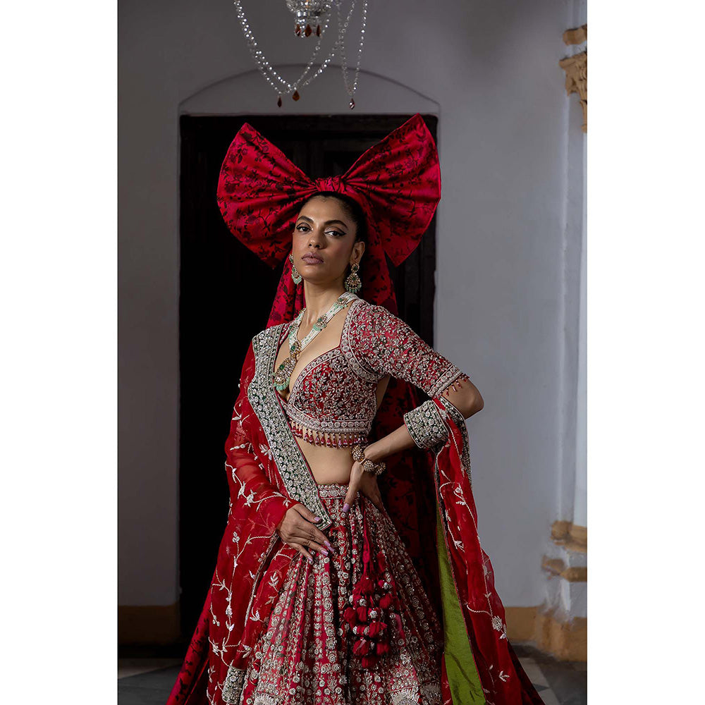 Aangan by Parul Red Scarlet Enchantment Lehenga with Blouse and Dupatta (Set of 3)