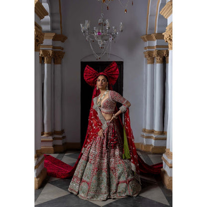 Aangan by Parul Red Scarlet Enchantment Lehenga with Blouse and Dupatta (Set of 3)