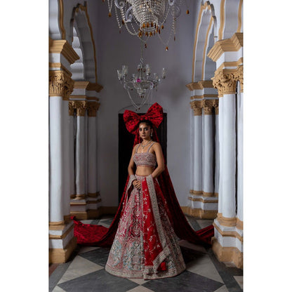 Aangan by Parul Red Eclipsed Ruby Wedding Lehenga with Blouse and Dupatta (Set of 3)