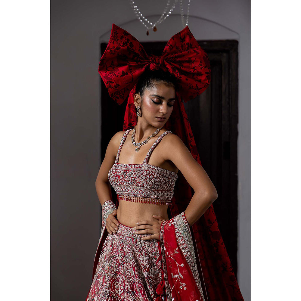 Aangan by Parul Red Eclipsed Ruby Wedding Lehenga with Blouse and Dupatta (Set of 3)