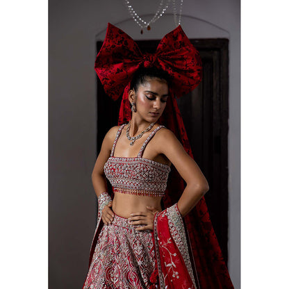 Aangan by Parul Red Eclipsed Ruby Wedding Lehenga with Blouse and Dupatta (Set of 3)