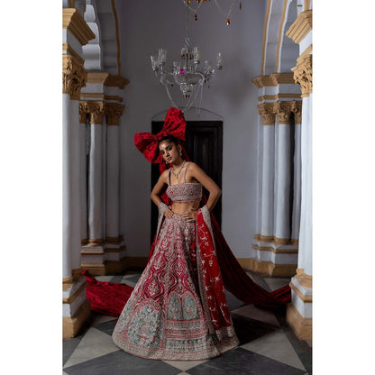 Aangan by Parul Red Eclipsed Ruby Wedding Lehenga with Blouse and Dupatta (Set of 3)