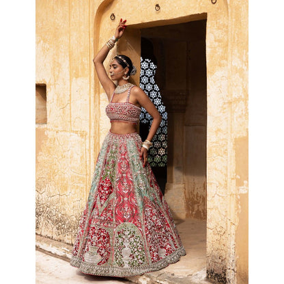 Aangan by Parul Red Eclipsed Ruby Wedding Lehenga with Blouse and Dupatta (Set of 3)