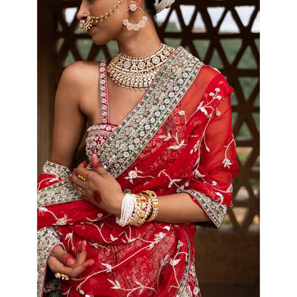 Aangan by Parul Red Eclipsed Ruby Wedding Lehenga with Blouse and Dupatta (Set of 3)