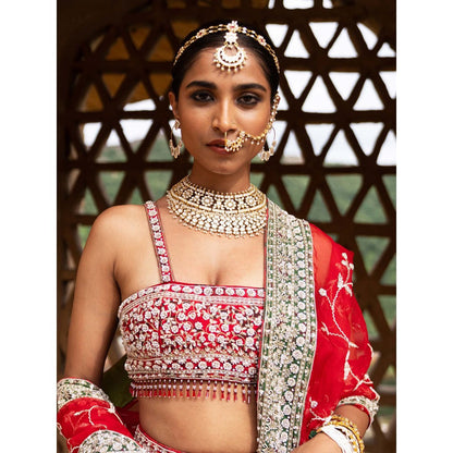 Aangan by Parul Red Eclipsed Ruby Wedding Lehenga with Blouse and Dupatta (Set of 3)