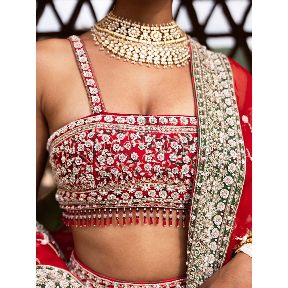 Aangan by Parul Red Eclipsed Ruby Wedding Lehenga with Blouse and Dupatta (Set of 3)