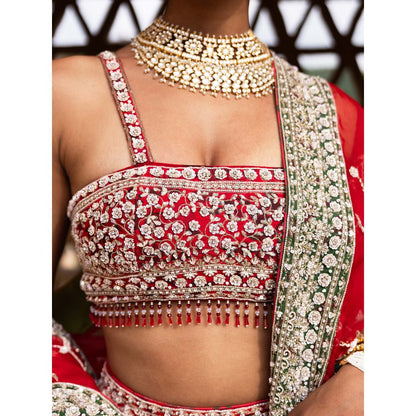 Aangan by Parul Red Eclipsed Ruby Wedding Lehenga with Blouse and Dupatta (Set of 3)